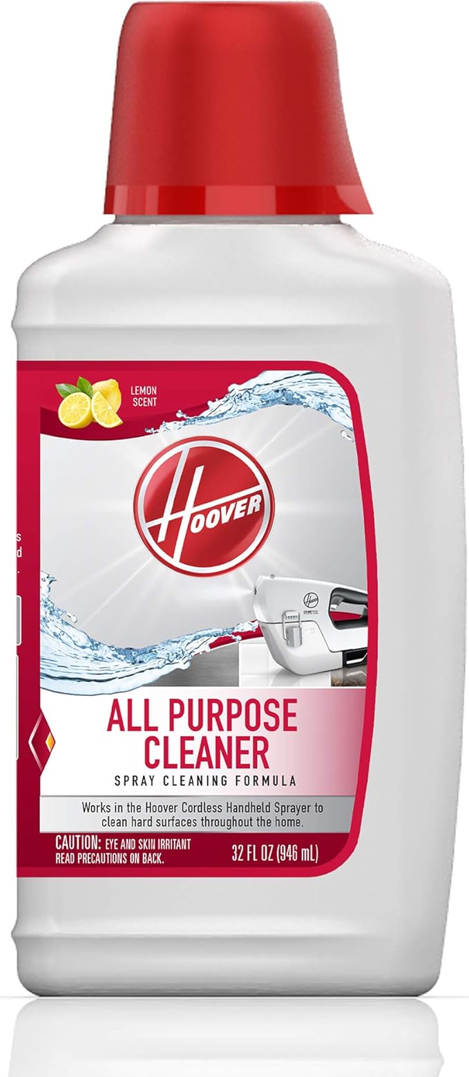Hoover All Purpose Cleaner Solution, 32 oz., Lemon Scent, For Use on Hard Floors, Counters, Tubs and More, Formulated for Cordless Handheld Sprayer
