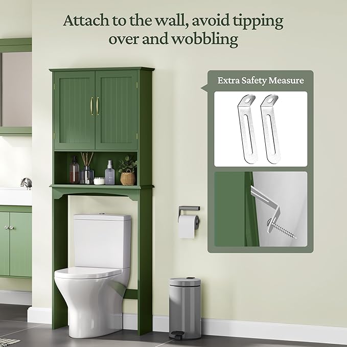 Yaheetech Over The Toilet Storage Cabinet, Over Toilet Cabinet with Adjustable Shelf, Bathroom Storage Organizer with Double Wood Doors, Green