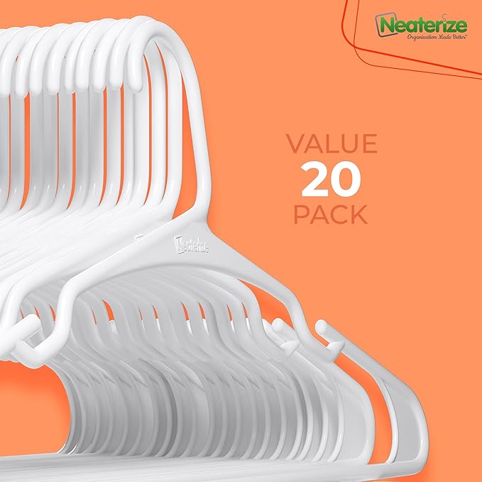 NEATERIZE Clothes Hangers Plastic 20 Pack for Adults - Plastic Hangers, The Perfect Coat Hanger and Space Saving Clothes Hangers for Closet, Percheros Ganchos para Colgar Ropa Hangars - White Hangers