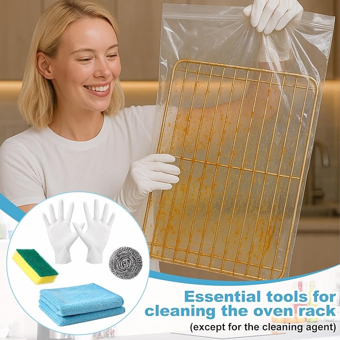 Oven Rack Cleaner Bags Kit Heavy Duty Reusable Oven Rack Soaking Cleaner Bags in 3 Sizes with Gloves Steel Wool Sponges Cleaning Cloths for Deep Degreasing Household Maintenance