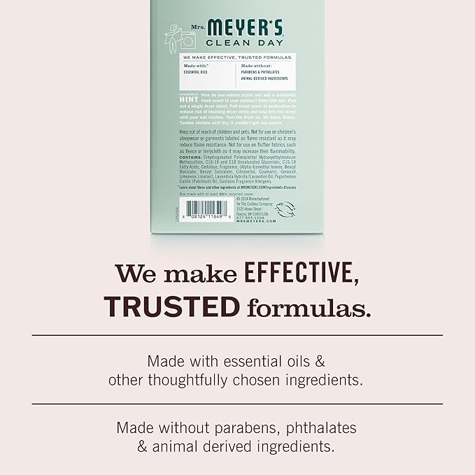 MRS. MEYER'S CLEAN DAY Dryer Sheets, Fabric Softener, Reduces Static, Infused with Essential Oils, Birchwood, 80 Count
