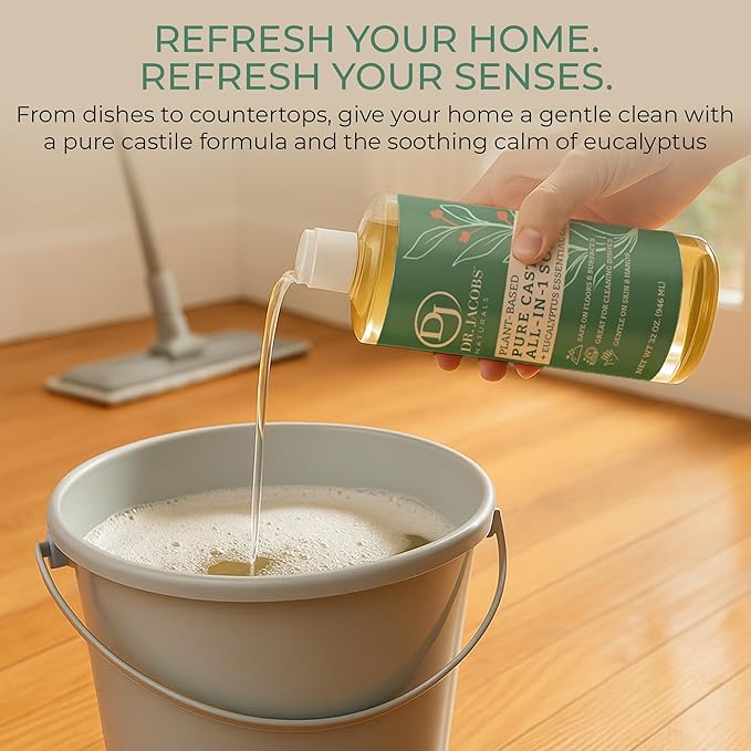 Dr. Jacobs Naturals Eucalyptus Castile All-in-One Cleaner and Soap - Plant-Based Formula for House Cleaning Floors and Appliances - Gentle on Skin and the Planet - 32 oz, 1 Pack