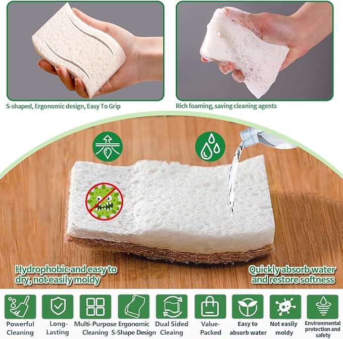 Sponges Kitchen Natural Dish Sponge Plant-Based Biodegradable Compostable Cellulose with Coconut Scrubber Sponge Non Scratch Eco Friendly Kitchen sponges for Kitchen Dishes