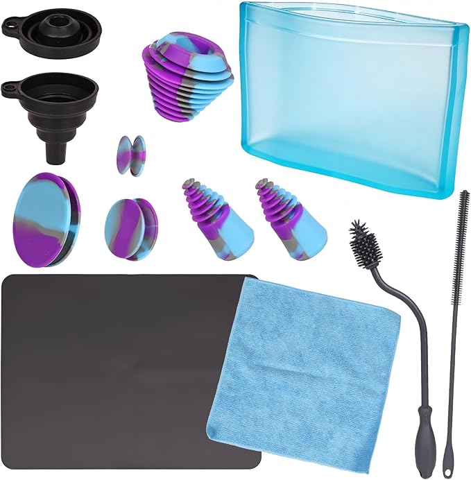 Glass Cleaning Kit, Reusable Silicone Kit, Includes Soaking Bag, Brush, Pad, Lid, Stopper, Funnel, and Microfiber Towel