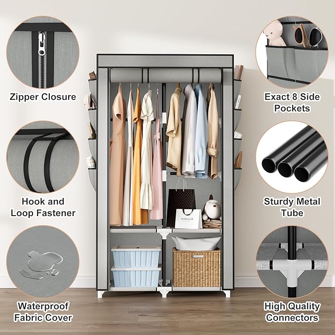 Portable Closet for Hanging Clothes, Portable Wardrobe Closet with Cover, 4 Storage Shelves, 2 Hanging Rods and 8 Side Pockets, Easy Assembly and Sturdy Free Standing Closet for Bedroom, Grey