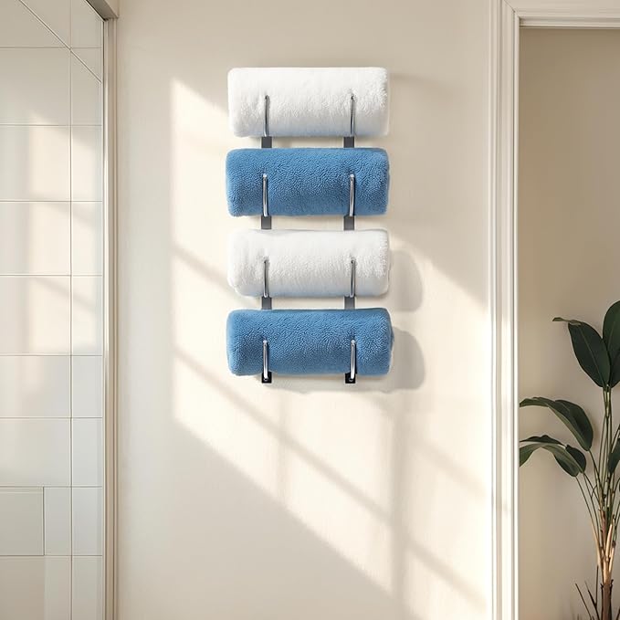 Bathroom Rolled Towel Rack: 4-Tier Wall Mounted Towel Storage Holder, Hanging Organizer for Towels, Blankets, Large Bath Sheets, Space Saving in RV, Closet, Toilet, Cabinet, Silver