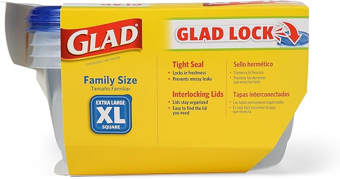Glad GladWare XL Square Food Storage Containers with Lock Tight Lids, Family Size BPA Free Plastic Containers for Leftovers and Meal Prep, Reusable Dishwasher Safe, 104 Oz, 3 Count - 3 Pack