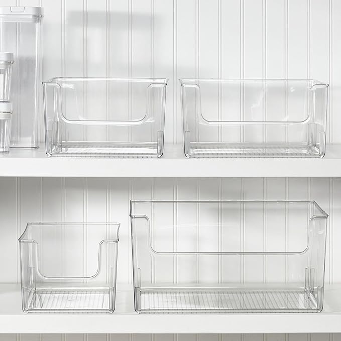 mDesign Plastic Modern Wide Open Front Dip Storage Organizer Bin Basket for Household Organization - Shelves, Cubby, Cabinet, and Closet Organizing Decor - Ligne Collection - 4 Pack - Clear
