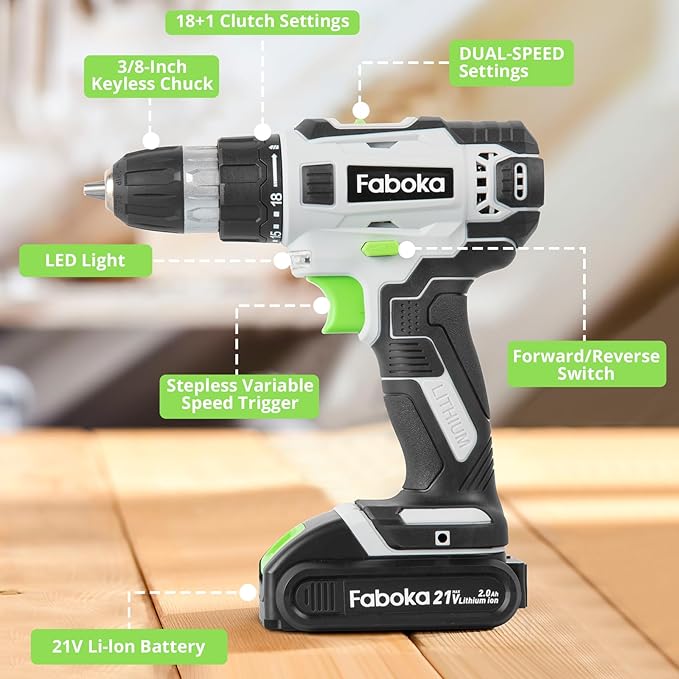 21V Cordless Drill Set, Power Drills Kit with 2.0Ah Battery and Charger, Electric Driver/Drill Bits, Max Torque 40Nm, 3/8-Inch Keyless Chuck, Variable Speed, LED Light, for DIY Home Repair