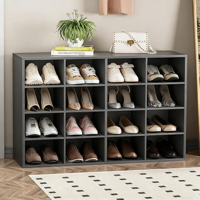 Garden 4 you Shoe Storage Bench, Cubby Shoe Rack with 16 Cubbies, 4-Tier Wood Shoe Rack Organizer, Shoe Organizer Cabinet for Entryway, Hallway, Closet and Garage, Black