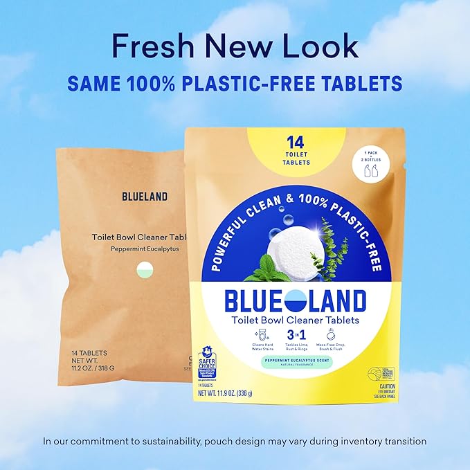 BLUELAND Toilet Bowl Cleaner Tablets, Starter Set, 14 Count with Tin, Peppermint Eucalyptus, Plastic-Free, No Harsh Chemicals, Plant-Based