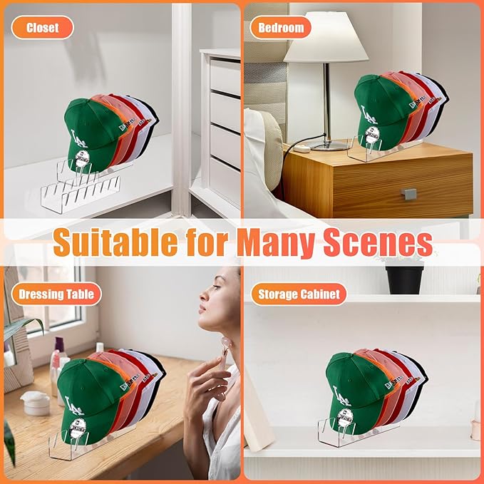 Hat Stand for Baseball Caps, 4 Pack No Install Acrylic Hat Organizer for 28 Baseball Caps Storage Organizer, Hat Racks Hat Holder Display and Organization for Closet, Bedroom, Dresser (Clear-4Pack)