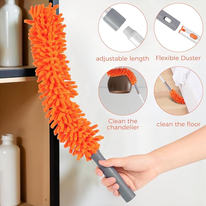 Ceiling Fan Cleaner Kit with 77" Extension Pole, Reusable Chenille Brush for Fan Blades (Up to 8in), Cobwebs, Walls, and Furniture (Orange)