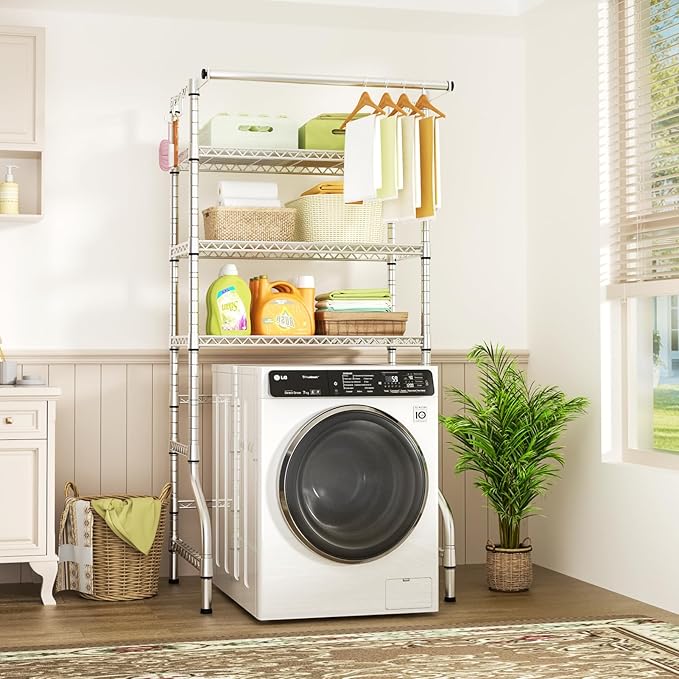 Ulif U11 Over Washer and Dryer Shelves, 3 Tiers Laundry Room Storage and Organizer Standing Shelf, Metal Freestanding Clothes Drying Rack, 33.9" W x 19.7" D x 77.6" H, Chrome
