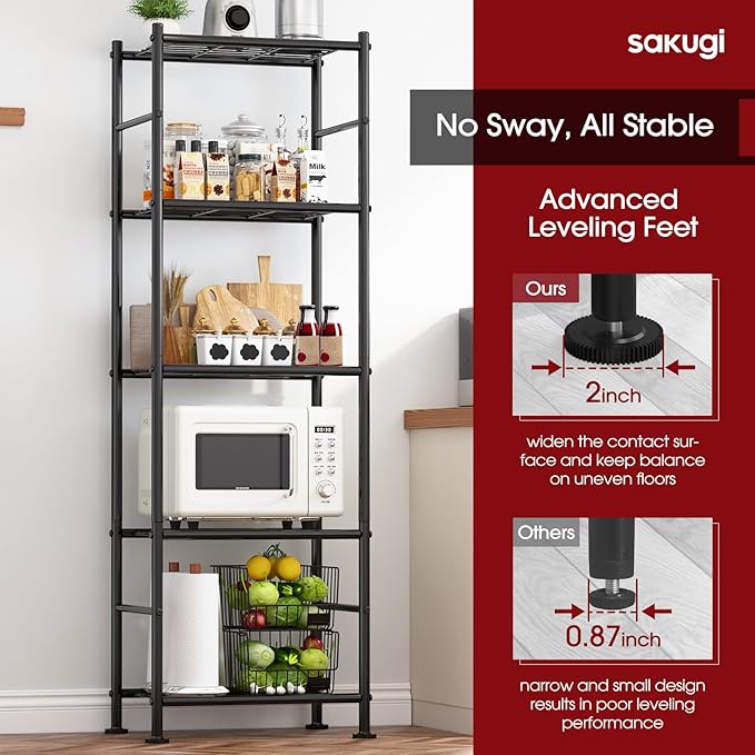 Sakugi Storage Shelves - Set of 2, 5-Tier Metal Shelf Organizer, Space-Saving Garage Shelving with Leveling Feet, Standing Shelves Organizer for Kitchen, Laundry, Pantry (18.4" x 12.6" x 57.4", Black)