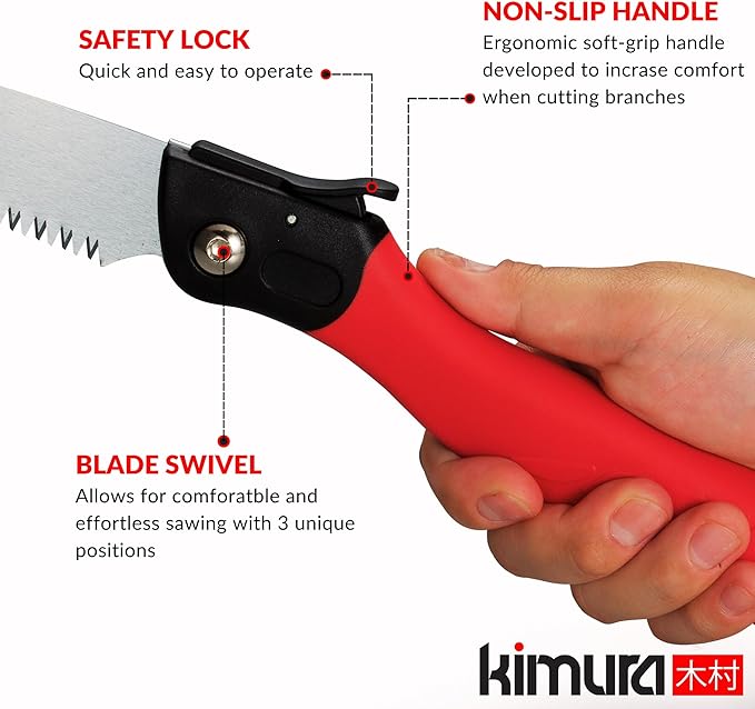 Kimura Folding Saw, Heavy Duty 10 Inch Curved Blade, Japanese SK5 Steel, Hand Saws for Branches, Wood & Camping, Pruning Saw with Impulse Hardened Double Layer Edge