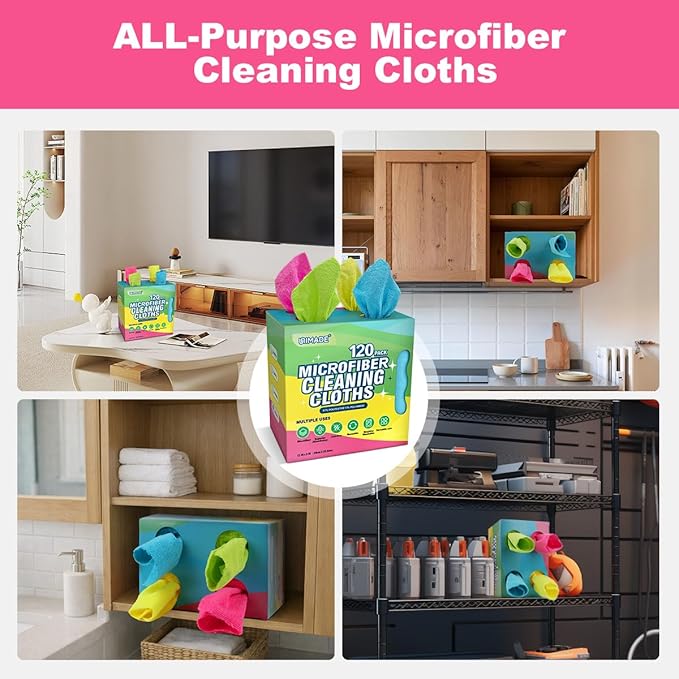 Microfiber Cleaning Cloth, 120 Pack Reusable Paper Towels Microfiber Towels for Cars Lint Free Washable Tissues Shop Rags with Dispenser Box for Home Kitchen Automotive, 11"x 9", Multicolor