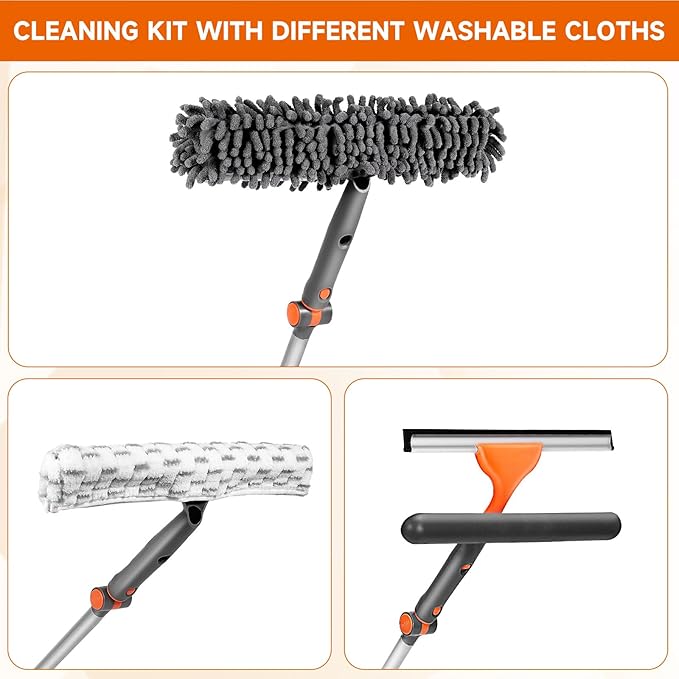 Chabatree Window Squeegee Cleaner Set 2-in-1 Window Cleaning Tool with Extendable Pole, Window Cleaning kit with Bendable Head for Indoor & Outdoor Glass for Car Indoor Outdoor High Windows（Kit2.0）