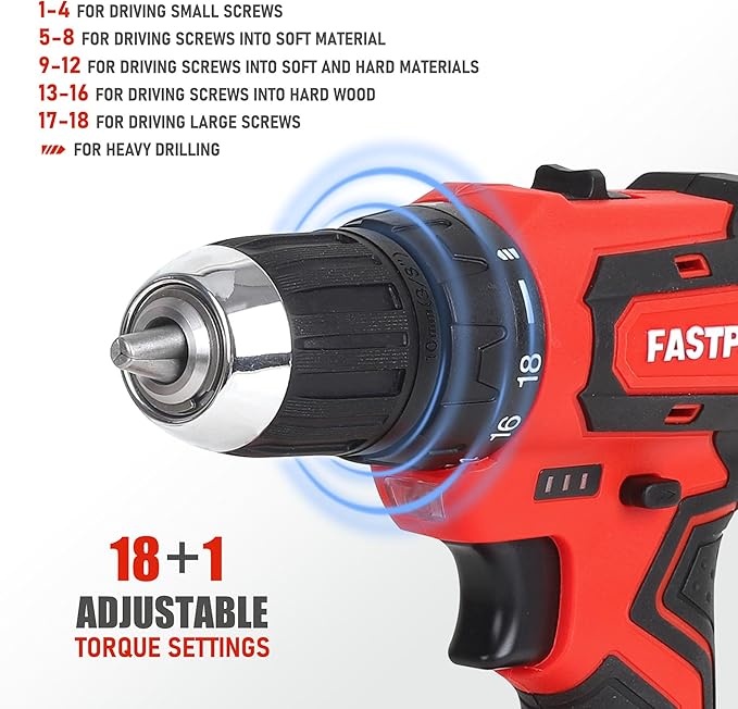 FASTPRO 232-Piece 20V Cordless Lithium-ion Drill Driver & Home Tool Set, Household Repairing Tools Kit with Drill, 12-Inch Wide Mouth Storage Bag, Red