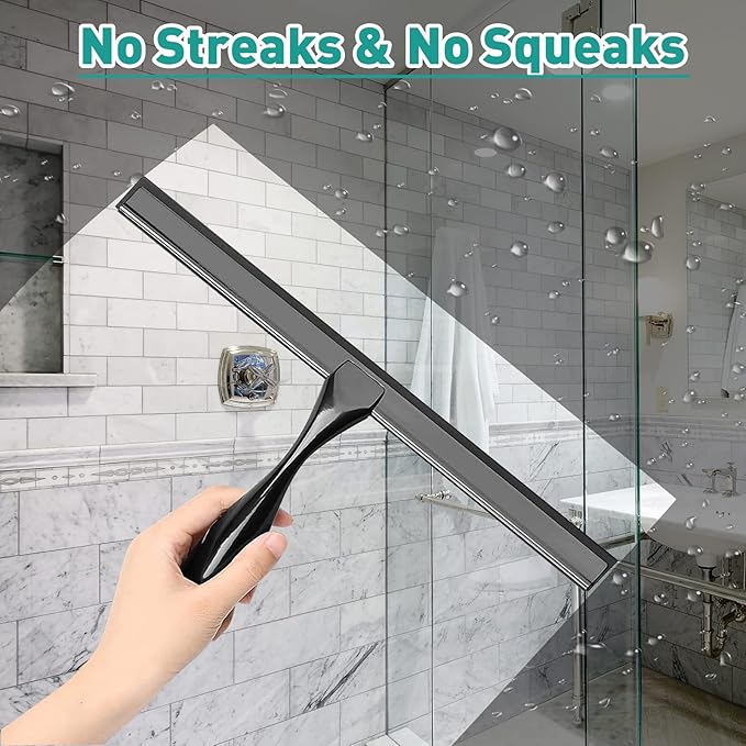 Shower Squeegee for Glass Doors,12-Inch Shower Glass Squeegee, Matte Black Shower Squeegee for Shower Doors,Mirror,Windows, with Shower Door Hook and Adhesive Hook