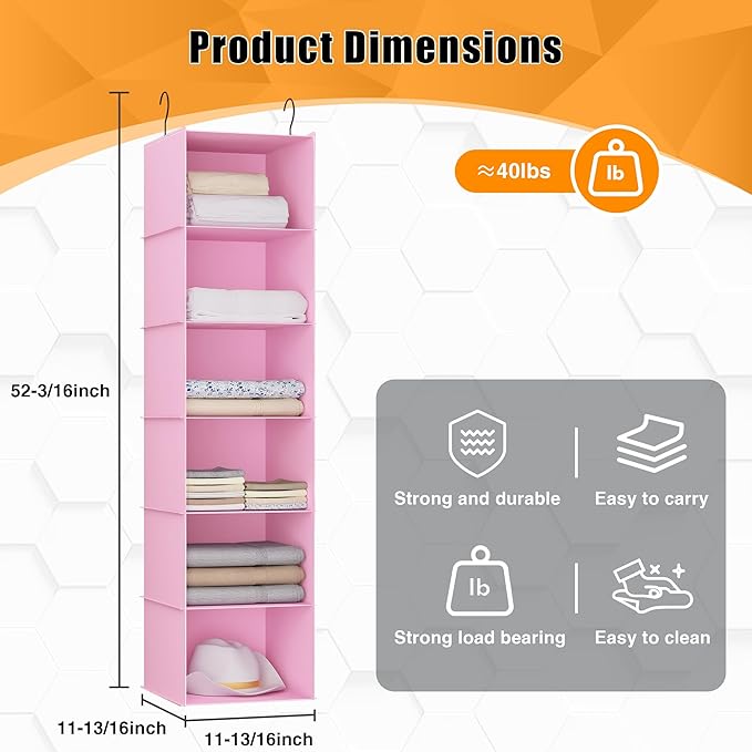 Hanging Closet Organizer, Easy Mount Foldable 6-Shelf Hanging Closet Wardrobe Storage Shelves, Clothes Handbag Shoes Accessories Storage, Washable Oxford Cloth Fabric, Pink