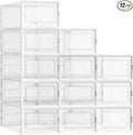 SONGMICS Stackable Shoe Boxes, Foldable Shoe Storage Organizers, Ventilated, for Max. Men's Shoes US Size 9 or Women's Shoes US Size 11, Sneakers, Set of 12, Transparent and White ULSP106W12V2