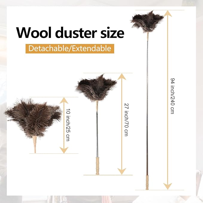 Extendable Ostrich Feather Duster 27-94 Inch, Natural Cleaning Duster Extension Pole Reusable for High Ceilings, Fans, Blinds, Furniture, Interior & Roof Dusting(one Pack)