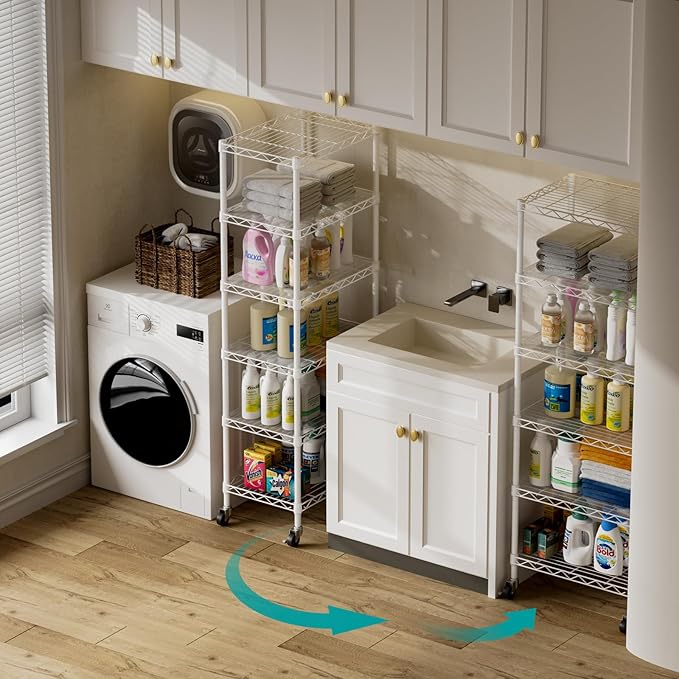 SINGAYE 6 Small Shelf Storage Wire Shelves Closet Bathroom Organizers Metal Pantry Kitchen Garage Shelving Unit Laundry Room Organization Home Narrow Rack Net Basket with Wheels White