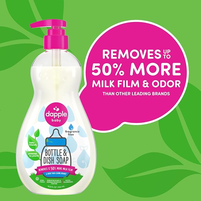 Dapple Baby Bottle & Dish Foaming Power Spray, Hypoallergenic Dish Soap for Baby Bottles, Powered by Plants, Fragrance Free, 16.9 Fl Oz (Pack of 2)