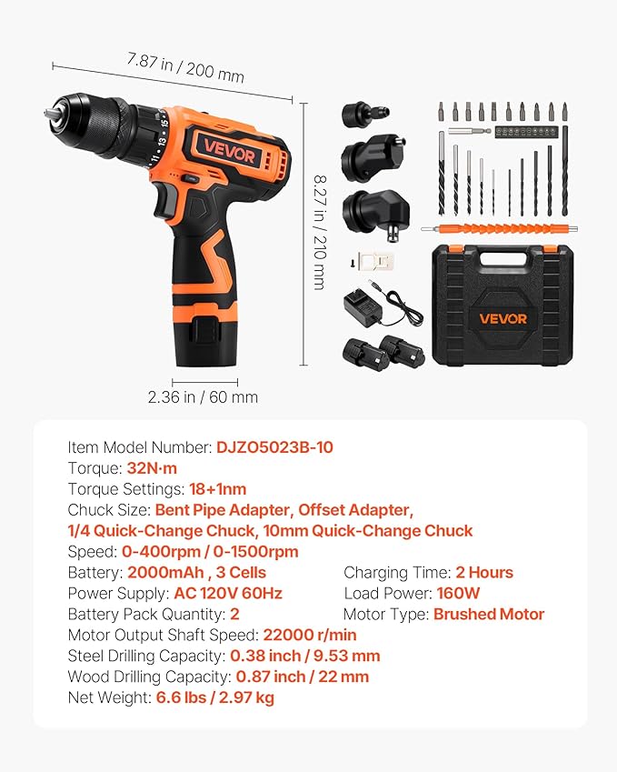 VEVOR Cordless Drill Driver, 5-In-1, Metal Chuck, Dual-Speed Variable, Drill Driver Kit with 2 Lithium Batteries and Charger, Tool Box, for Wood and Metal Drilling, Screw Tightening or Loosening