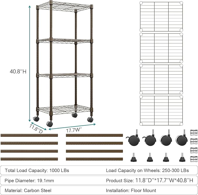 M MZG 1000 lbs 4-Shelf Adjustable Heavy Duty Steel Wire Rack, Adjustable Storage Shelving Unit with Wheel for Kitchen, Garage, Laundry Brown 11.8" D x 17.7" W x 40.8" H