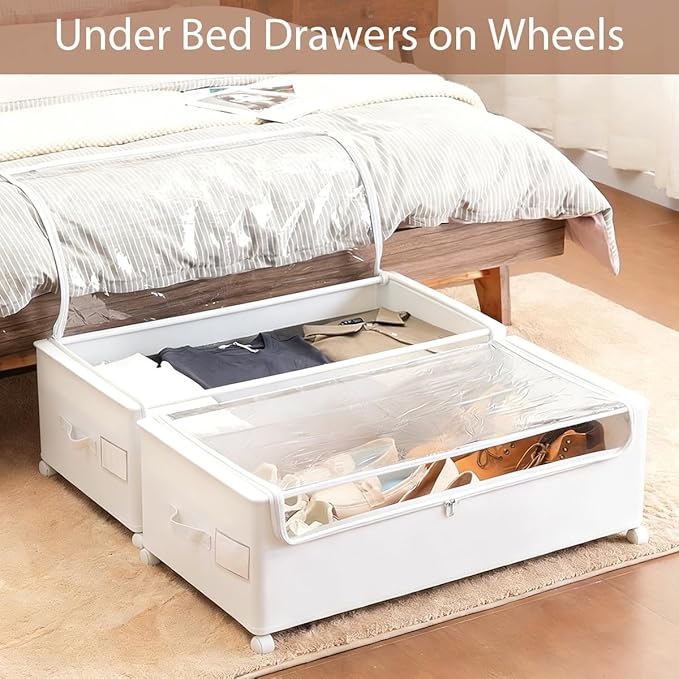 FOUCSSOMEI Under Bed Storage with Wheels, Rolling Under bed Storage with Metal Frame, Under Bed Shoe Storage for Space Saving, Zippered Clear Lid, Heavy-Duty Steel Base for Clothes, White,4XL 90L