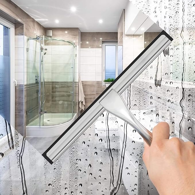 10-Inch All-Purpose Stainless Steel Shower Squeegee — Bathroom Glass Door and Mirror Cleaner with 2 Adhesive Hooks, Ideal for Windows, Tiles, Walls, and Cars, Silver Finish