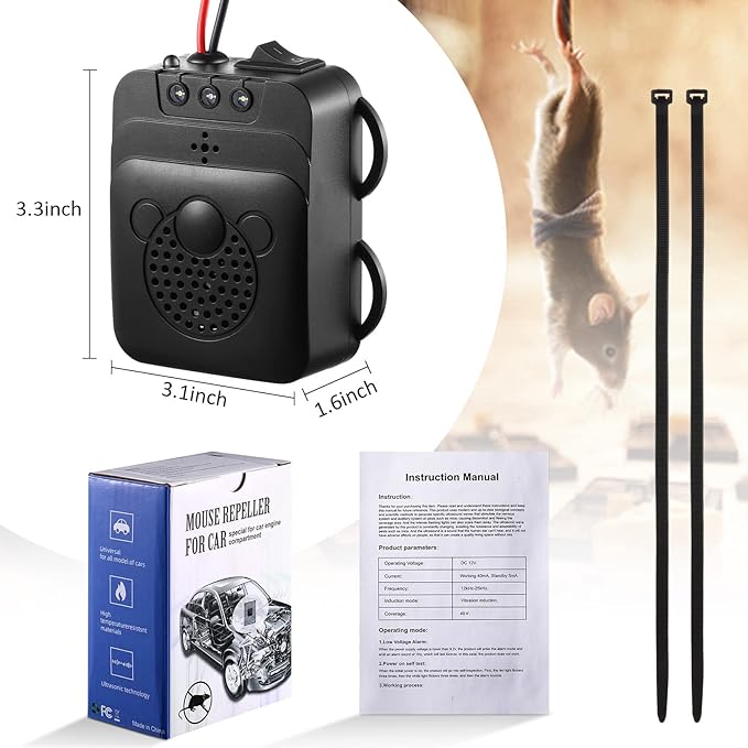 4 Pack Under Hood Animal Repeller Ultrasonic Mouse Repeller Rat Repellent Small Ultrasonic Mice Deterrent for 12V Car Pest Vehicle Automobile Get Rid of Animal in Car Engine with Strobe Light