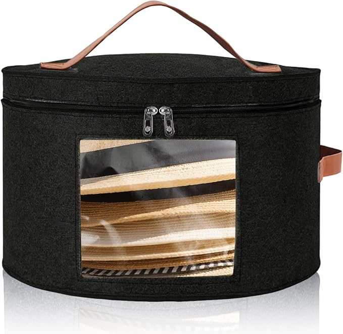 Kovpnor Round Hat Box, Stackable Felt Hat Boxes for Women Storage, Foldable Premium Hat Travel Case with Dustproof Lid, Space Saving Hat Organizer(Black)