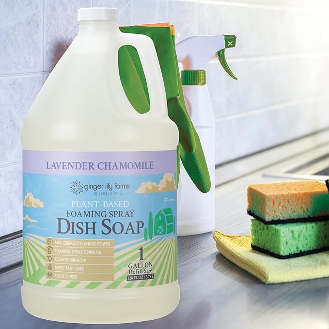 Ginger Lily Farms Botanicals Plant-Based Foaming Spray Dish Soap, Concentrated Formula with Max Grease Cleaning Power, Cruelty-Free, Lavender Chamomile Scent, 1 Gallon (Pack of 4)