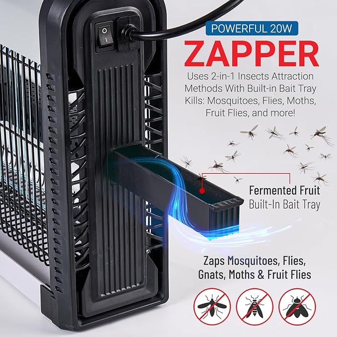 Advanced 2-in-1 Indoor Bug Zapper, Powerful 3500V Flying Insect Zapper, Built-in Bait Tray, Uses 2-in-1 Methods to Attract & Zap Fruit Flies, Mosquitoes, Flies, Gnats, Moths, & More. - 2 Free Bulbs