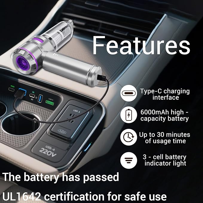 Portable Mini Car Vacuum Cleaner – Powerful Cordless Handheld Vacuum, 21000Pa Suction, Rechargeable, Long Runtime, 3 Adjustable Power Levels, Lightweight, 2-in-1 Suction & Blowing Function