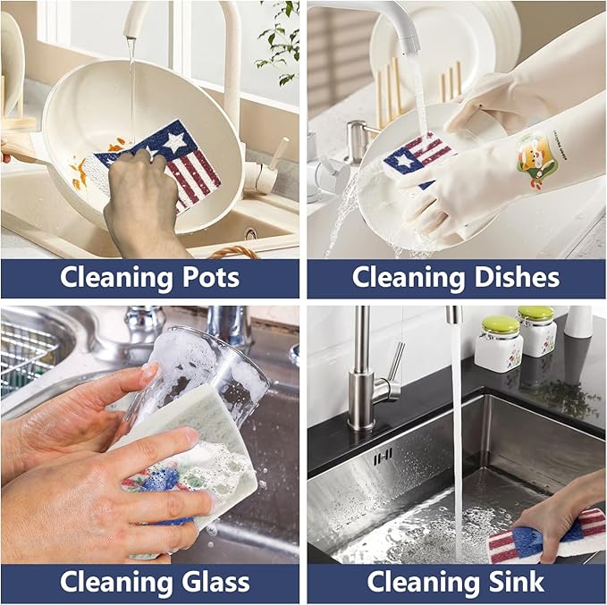 4Pcs USA Flag Heavy Duty Kitchen Dish Sponges | Large Odor Free Non-Scratch Scrub Pad | Household Cleaning Scrubber for Sink, Counters, Surfaces, Pots, Pans, Dishwashing (6" x 4" x 1"), Style 1
