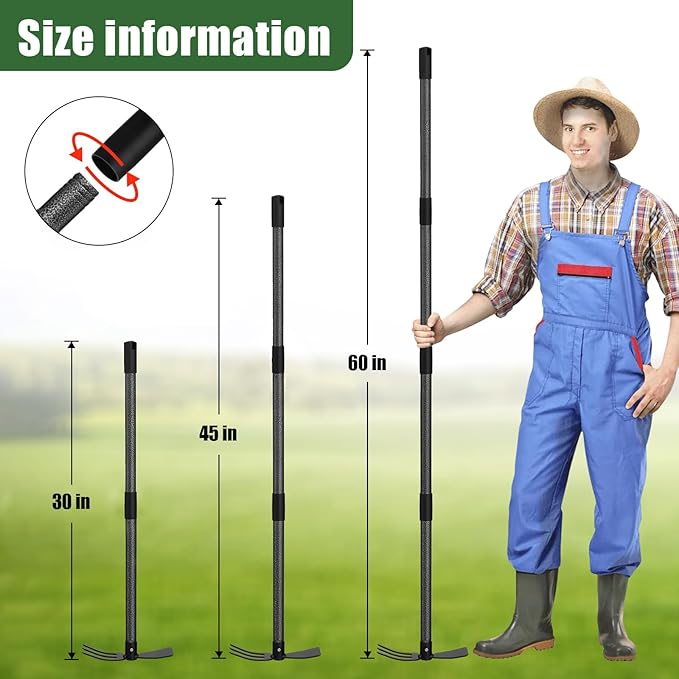 Hoe Garden Tool, 60 Inch Garden Hoe Adjustable Long Handle, 2 in 1 Garden Hoe for Weeding, Stainless Steel Weeder Tool for Yard Long Handle, Gardening Hoe for Planting, Lossening, Digging