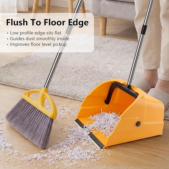 Jumbo Commercial Dustpan with Wheels & Comb Teeth - Heavy Duty Rolling Debris Pan - Long Handle Extra Large Upright Dust Pan for Industrial Warehouse Garage Restaurant Sidewalk Outdoor - Yellow