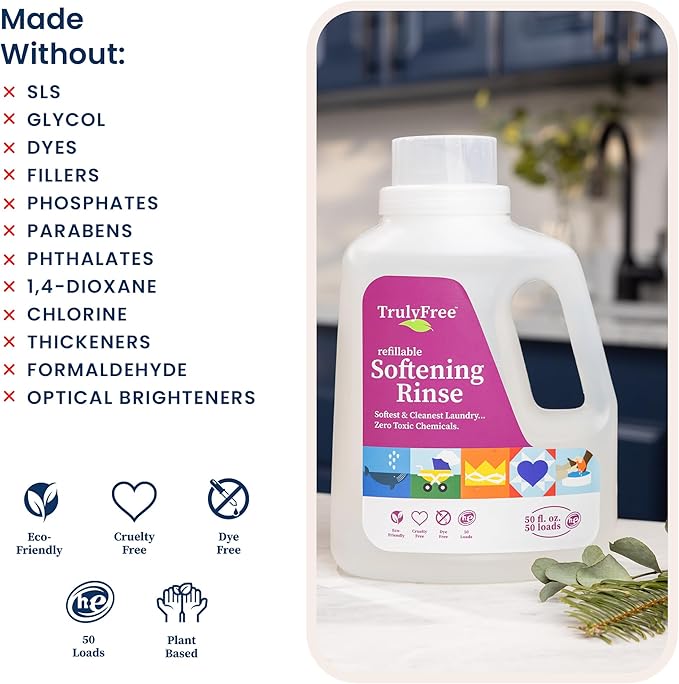 Truly Free Natural Fabric Softener | Non-Toxic for Babies & Kids Sensitive Skin | Plant-Based Laundry Softening Conditioner | Safe, Gentle & Chemical-Free | Unscented | 1 Pack with Jug