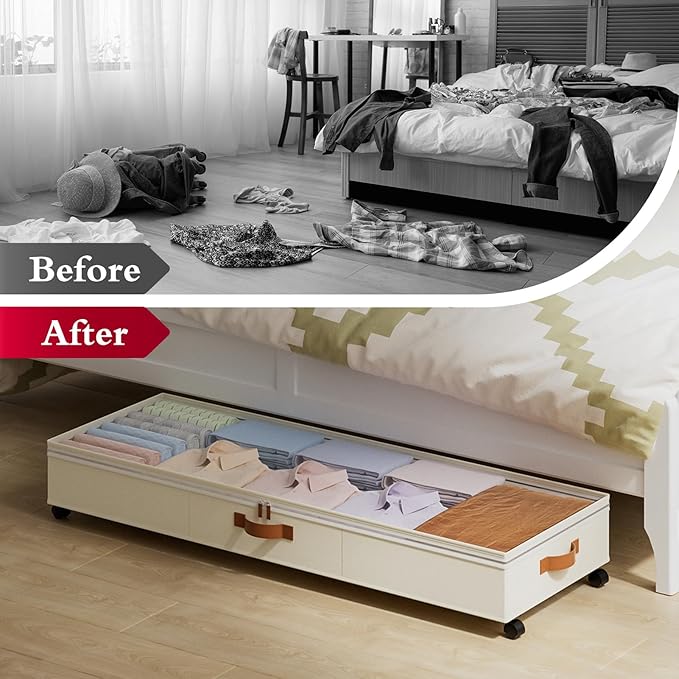 Yecaye Under Bed Storage with Wheels, 2 Pack Under Bed Storage Containers with Adjustable Dividers & Clear Window, 85L Rolling Underbed Organizer Bins Drawers for Clothes, Shoes, Blankets Toys, Beige