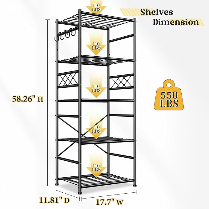 DurayLoly 5-Tier Storage Shelves,Sturdy Metal Shelving Unit with Hooks,Wobble-Free Storage Rack with Leveling Feet,Slim Standing Shelf Organizer for Garage Kitchen Pantry,17.7”W×11.8”D ×58.3”H,Black