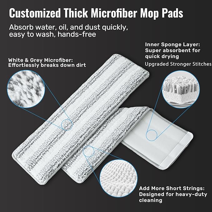 Mop and Bucket Set, 3-Tank Flat Mop and Bucket System for Separate Dirty & Clean Water, 65" Mops for Floor Cleaning with 6 Washable Pads, Safe for Hardwood, Vinyl, Tile, Baseboards, Walls