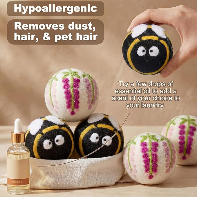 Soulchen 6 Pack Reusable Wool Dryer Balls with Cute Design, Laundry Accessories for Efficient Drying Soften Laundry Reduce Wrinkles Static Pet Hair Remover (Bee Flower)