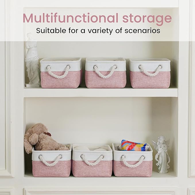 Storage Baskets for Shelves 11.8x7.9x5.2 Inch-Foldable Fabric Organizing Storage Bins with Handles, Closet & Bathroom Organizer, Home Storage for Kitchen, Office (3-Pack, White&Pink)