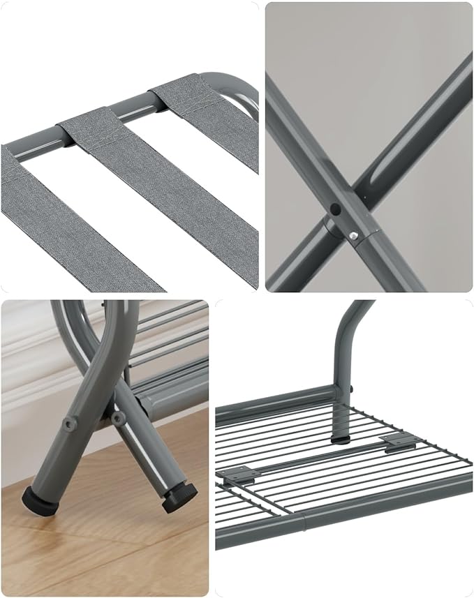 1-Piece Foldable Gray Luggage Rack Stand with Storage Shelf – Heavy Duty Metal Suitcase Holder, 150 lbs Top, 50 lbs Bottom, Fits 20”-28” Luggage – Guest Room, Bedroom, Hotel LR-GY-1