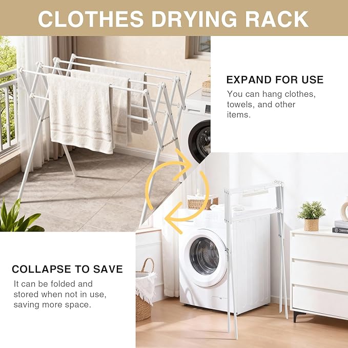 Collapsible Expandable Metal Clothes Drying Rack, Foldable & Portable Laundry Drying Rack, Space-Saving Design, Indoor & Outdoor Drying, Ideal for Laundry Room 16lb Capacity, Frosted White