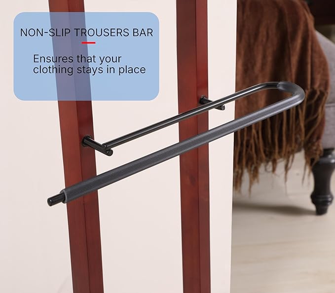 Proman Products Lancaster Suit Valet Stand VL16141 with Tray, Contour Hanger, Trouser Bar, 17" W x 12" D x 42" H, Mahogany